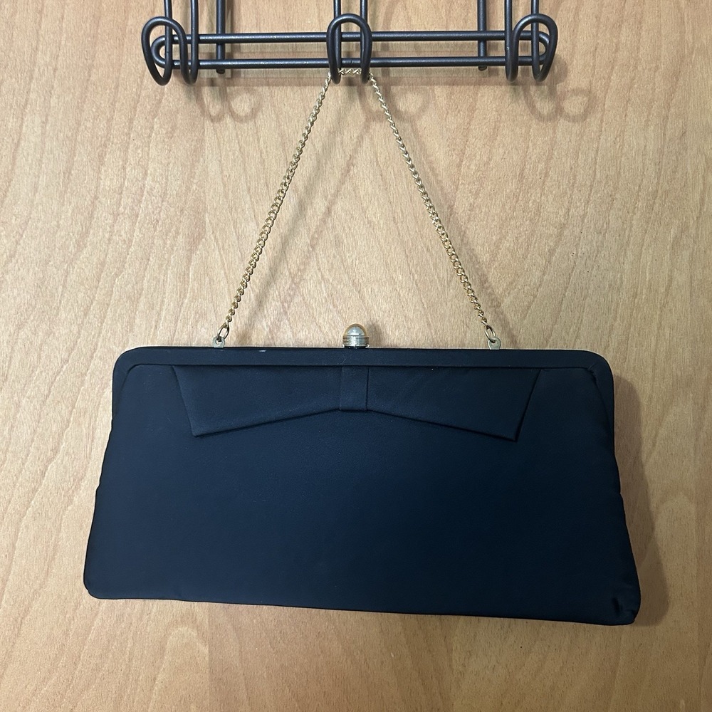 Vintage Black Clutch With Bow And Gold Strap 11x5.5